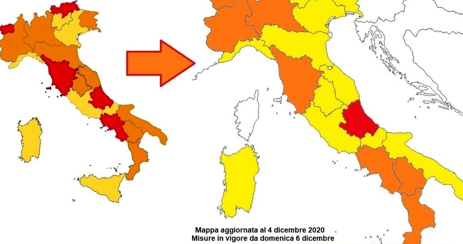 Otto Regioni “cambiano colore” dal 6 dicembre. Dal 21.12 è vietato spostarsi